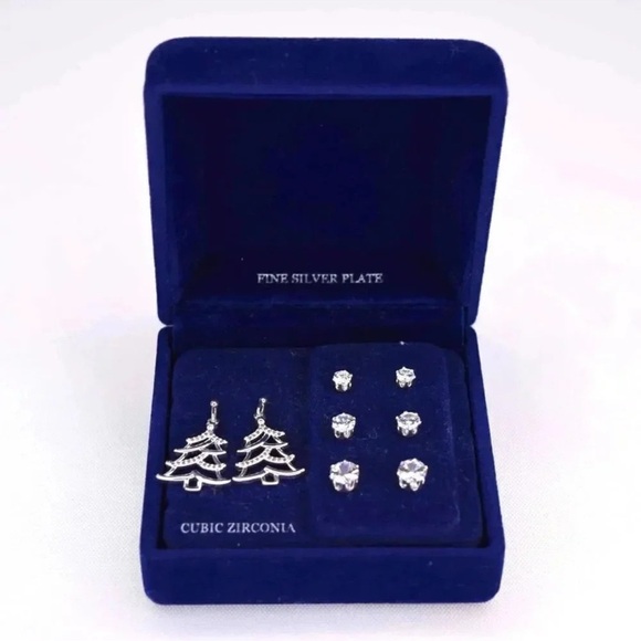 Anthropologie Fine Silver Plated Cubic Zirconia Tree Four Piece Earring Set - Picture 2 of 6